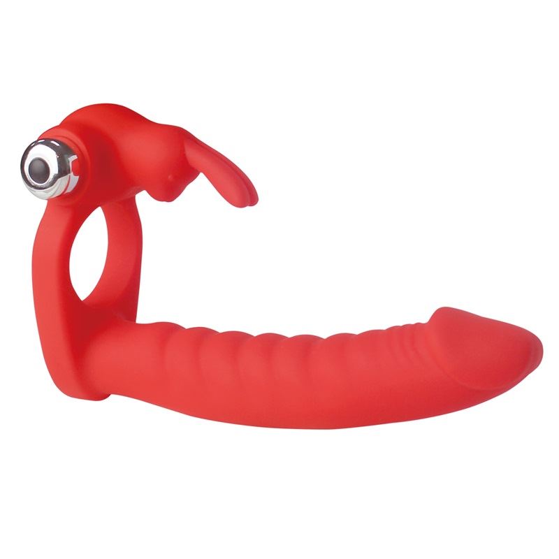 Anillo Doble Penetracion con Vibrador Strap On Rojo