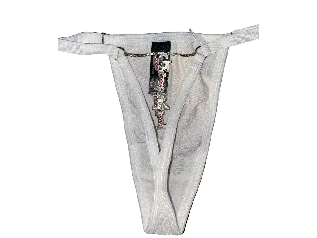 [M096ABLA] Tanga Licra con Strass GIRL (Blanco)